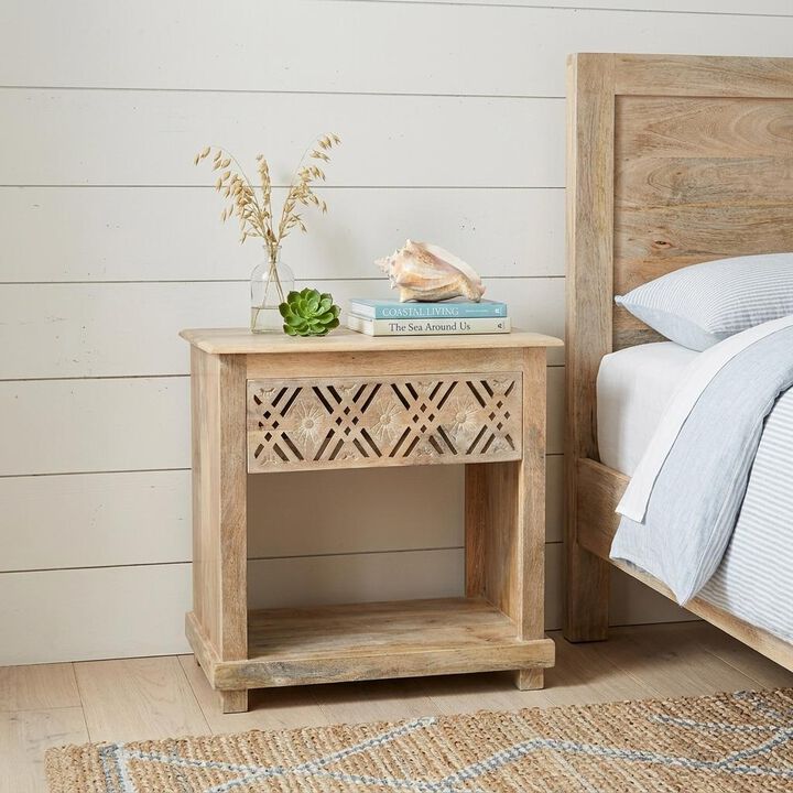 HomeRoots 28" Natural Solid Wood Carved Geometric One Drawer Nightstand