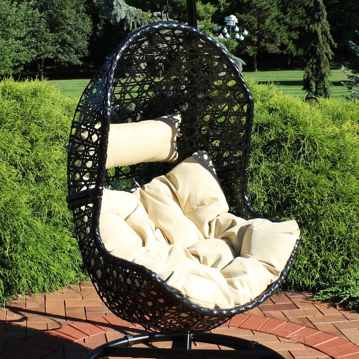 Sunnydaze Black Resin Wicker Basket Hanging Egg Chair with Cushions - Beige