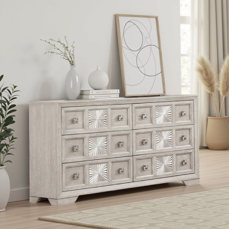 Diaz Wide Dresser, 6 Drawers, Sunburst Metal Design, Light Gray Wood - Benzara