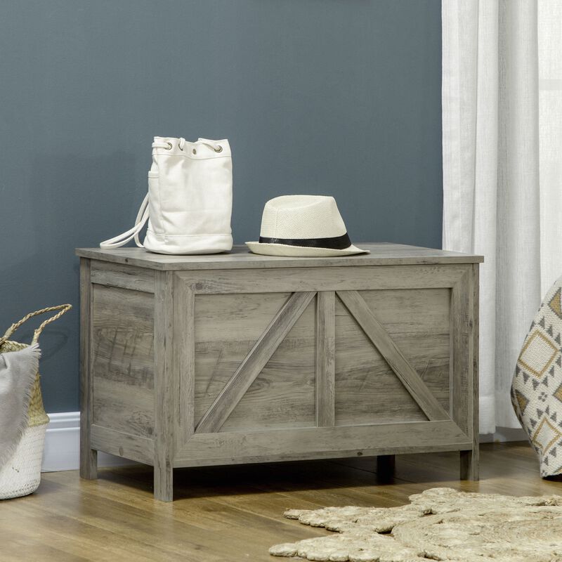 Grey Farmhouse Storage: Toy Trunk with Safety Hinge for Living Room