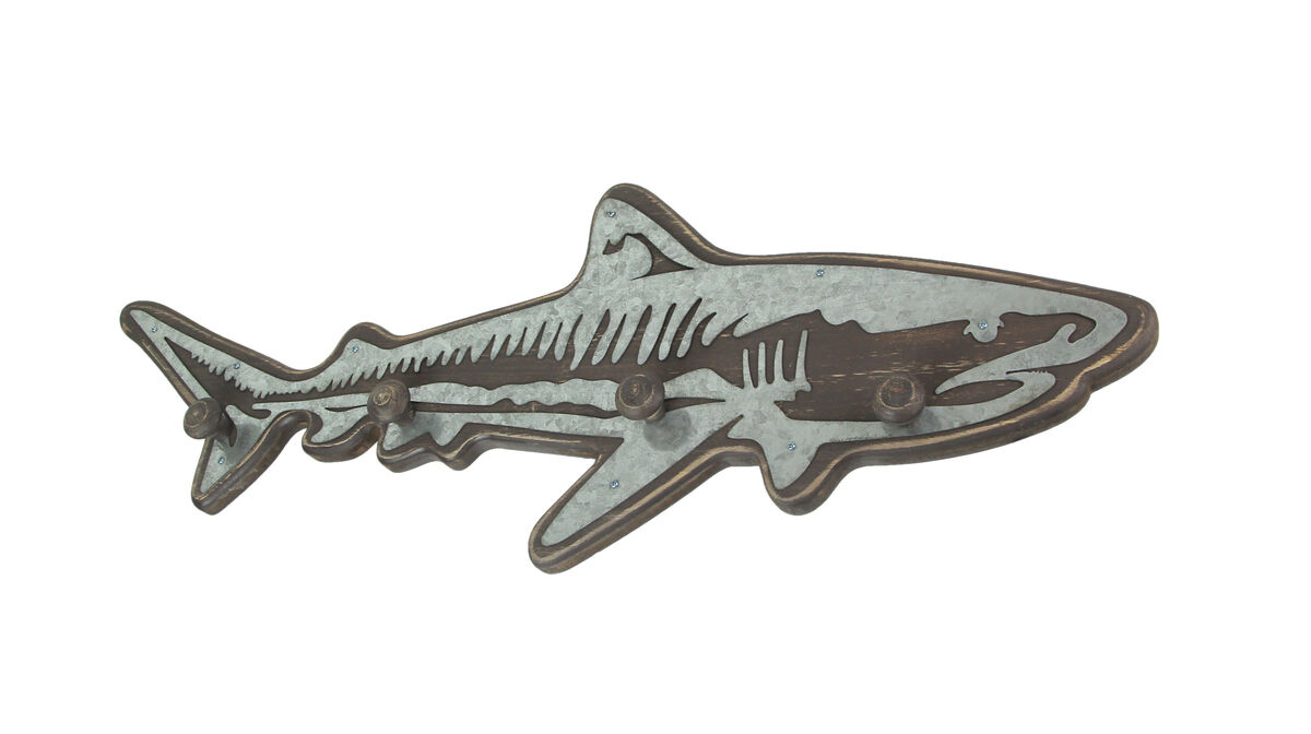 33-Inch Rustic Wood Shark Wall Hook Rack with Galvanized Metal Accents - Coastal-Themed Decorative Art Hanging for Keys, Bags, Coats, and Towels - Beach House Decor