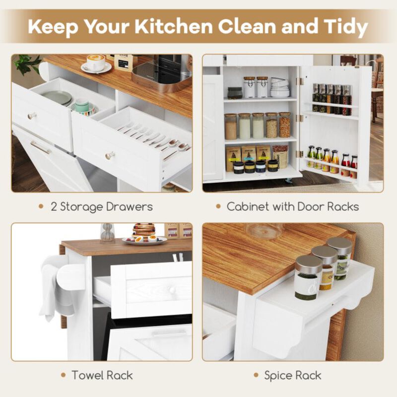 Hivvago Rolling Kitchen Island with Trash Can Cabinet and Rubber Universal Wheels