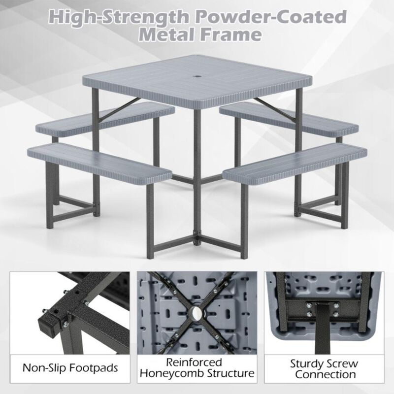 Hivvago Outdoor Square Picnic Table Bench Set for 4-8 People with Umbrella Hole