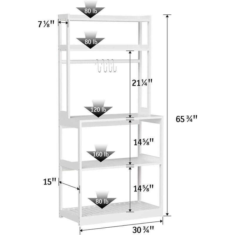 Microwave Stand, Bakers Racks for Kitchens with Storage Shelves, 5 Tier Kitchen Stand with 4 Hooks, Heavy Duty Shelving for Kitchens, Living Room, Hallway, Balcony