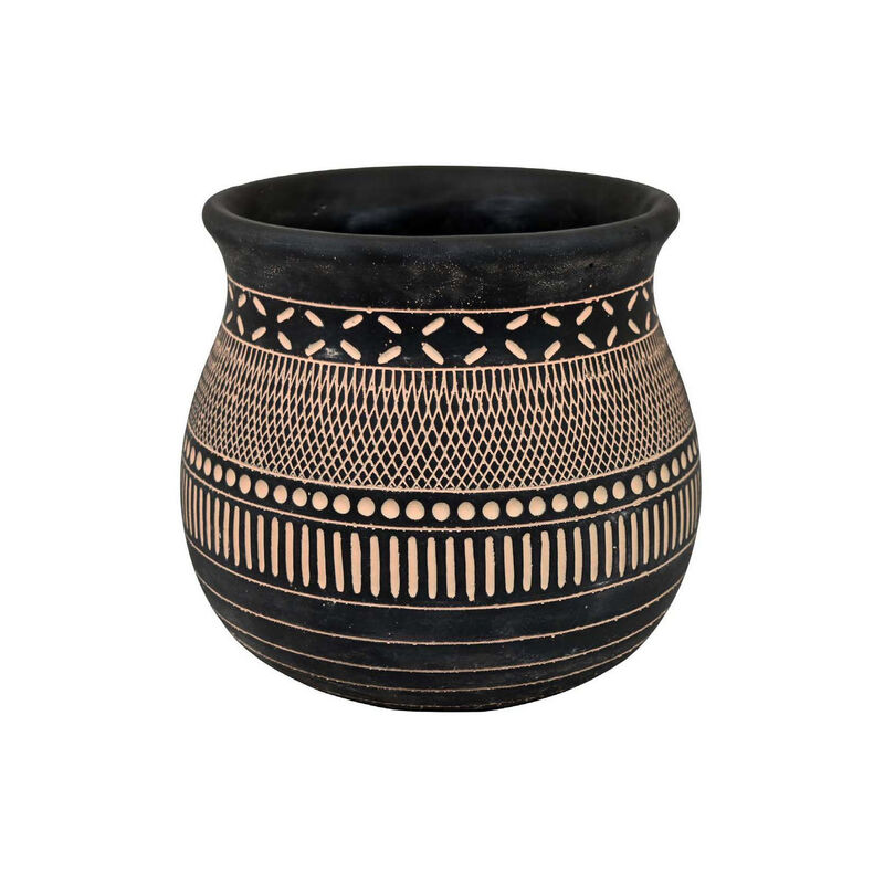 12 Inch Planter, Resin, Large Pot Shape, Tribal Design, Black and Beige - Benzara