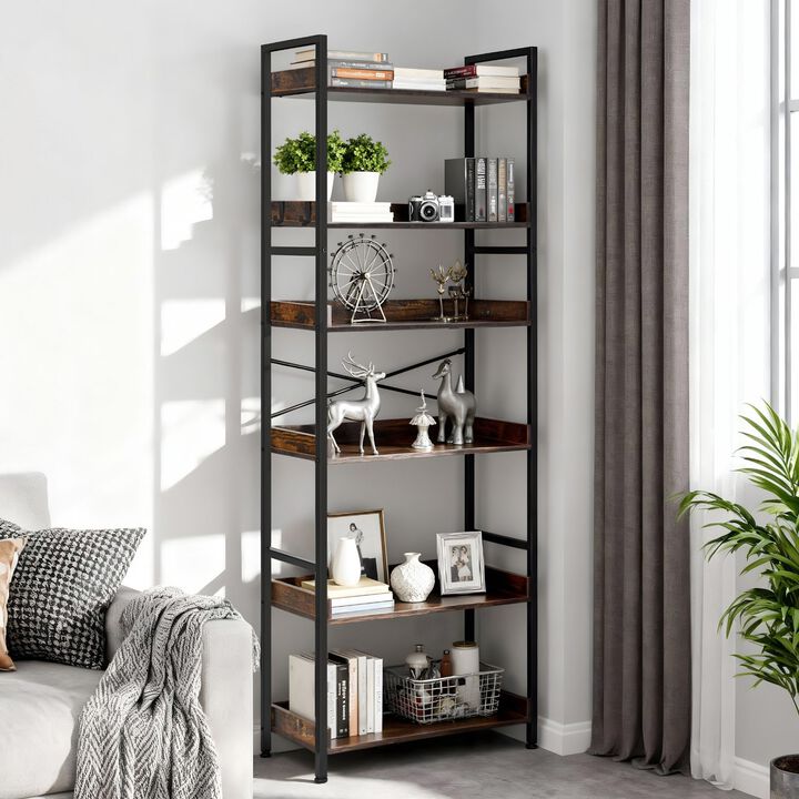 6 Tier Industrial Bookshelf with Metal Frame, Vintage Ladder Storage Shelf