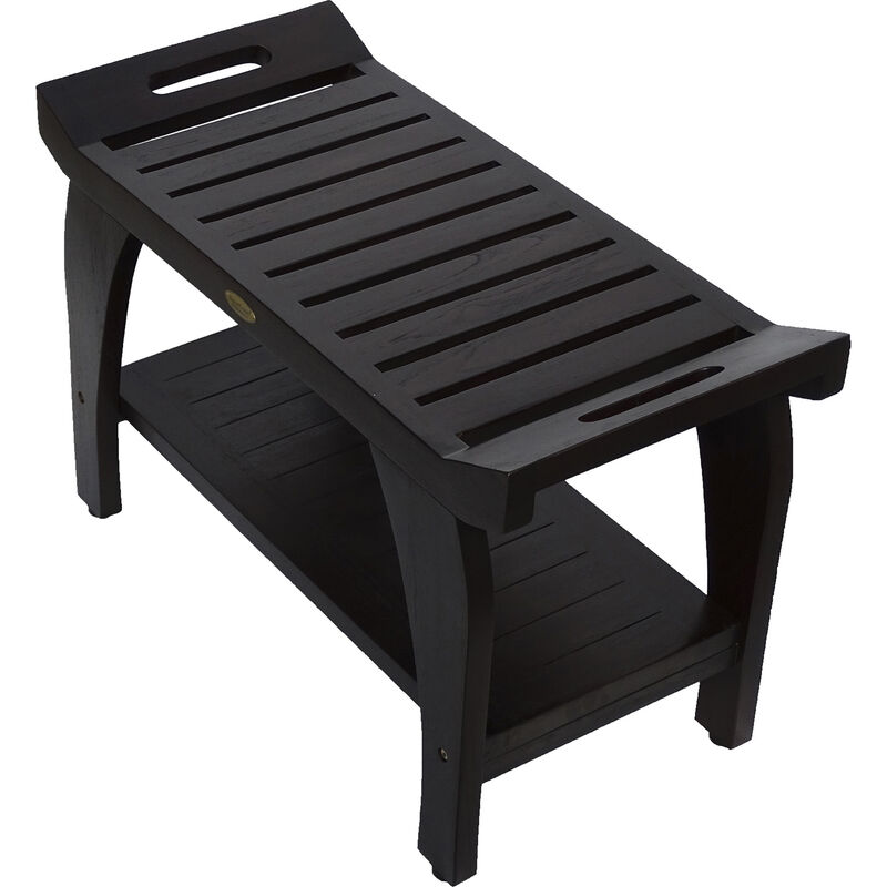 DecoTeak Tranquility 30" Teak Wood Shower Bench with Shelf and LiftAide Arms in Woodland Brown Finish