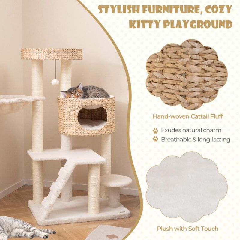 Hivvago Modern Cat Tree for Indoor Cats with Cattail Fluff Condo and Top Perch