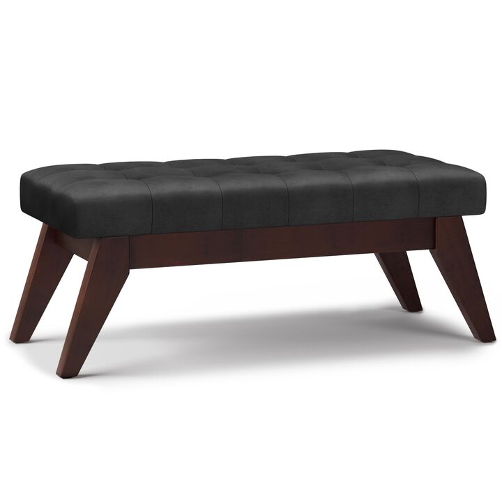 Draper Mid Century Tufted Ottoman Bench in Distressed Black Faux Leather