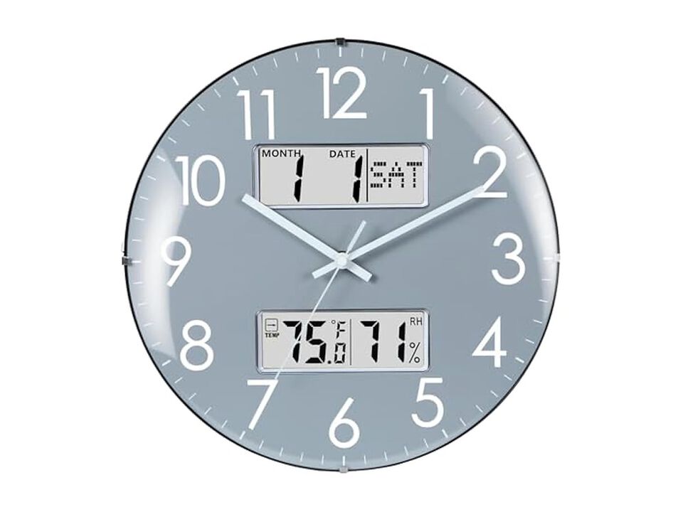 Calendar Temperature Humidity Grey Wall Clock Silent Gray Home Decor