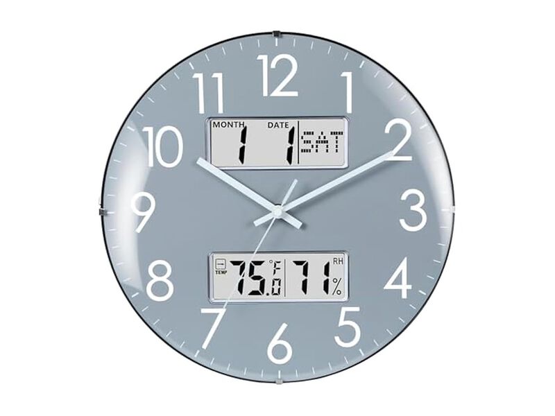 Calendar Temperature Humidity Grey Wall Clock Silent Gray Home Decor image number 0
