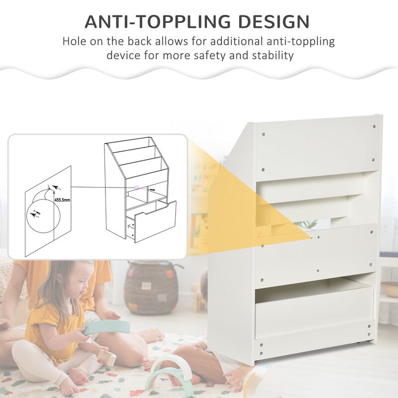 White Kids' Bookshelf: Multi-Shelf Organizer with Drawer