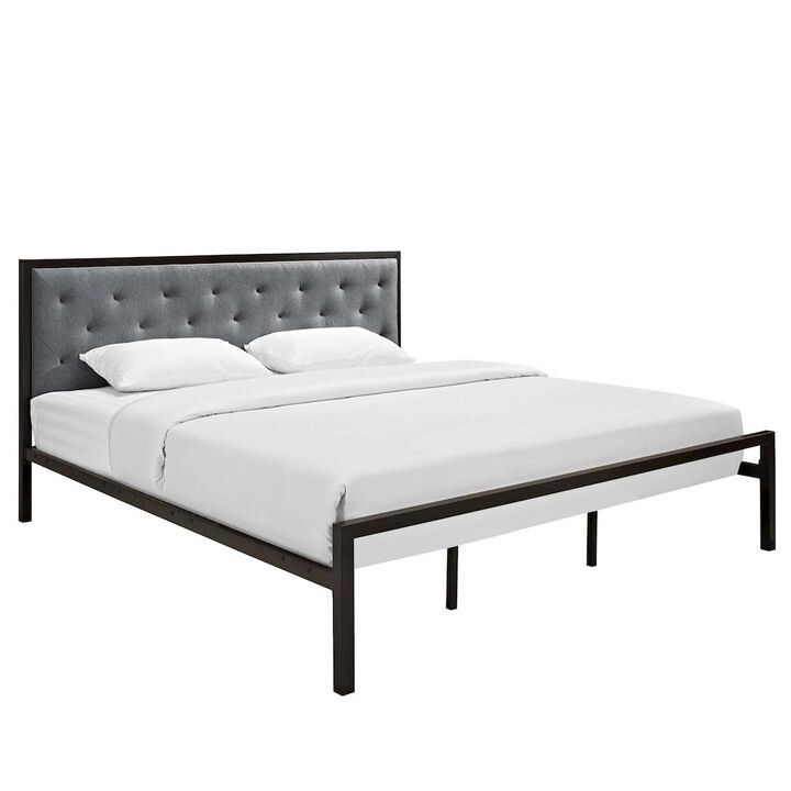 Modway Mia Upholstered Brown Beige Tufted Platform Bed With Metal Slat Support in King