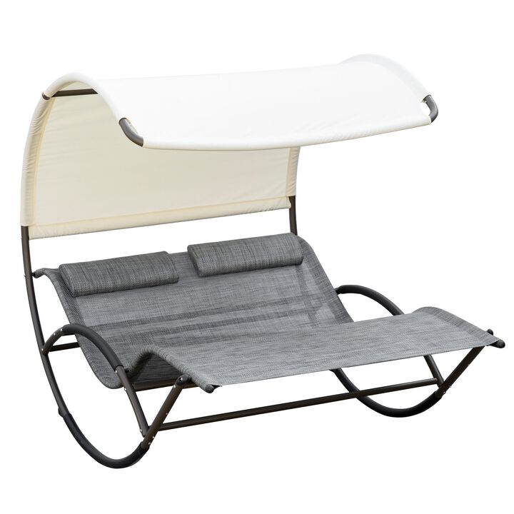 Double Outdoor Rocking Bed, Patio Chaise Sun Lounger Bed for Two Person with Canopy, Detachable Headrestfor Sun Room, Garden, Poolside, Light Gray