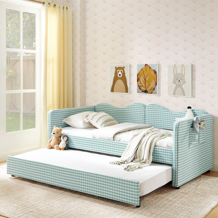 Merax Gingham Daybed with Trundle & Guardrails &ndash; Solid Wood Frame, Side Storage Pocket