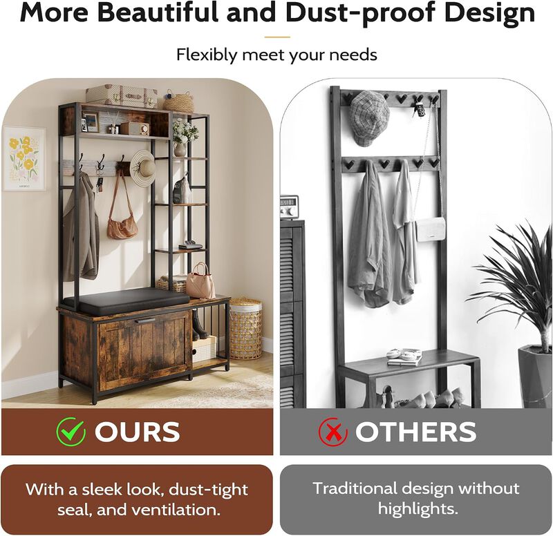 Hall Tree with Bench and Shoe Storage, 39.4" Entryway Bench with Coat Rack freestanding, Wall Rack 4 Hooks and Shelves, 39.37" x 15.74&ldquo; x 69.69" image number 6
