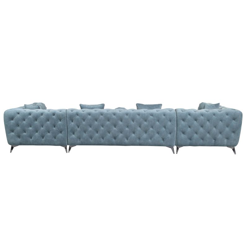 Classic Style Sectional Sofa in Deep Green Fabric with 7 Pillows