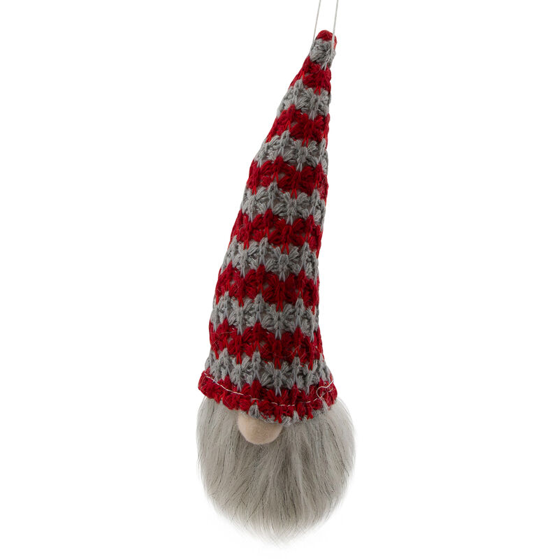 8" Lighted Red and Gray Knit Gnome Head Christmas Ornament image number 2