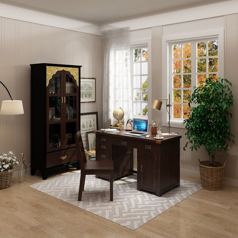 FUFU&GAGA Classic Display Bookcase with Glass Doors & Drawer, Solid Wood Front & Ornate Golden Details, (31.5 in. W x 15.7 in. D x 70.9 in. H), Black and Gold