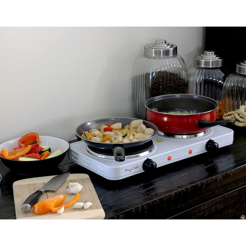 MegaChef Electric Easily Portable Ultra Lightweight Dual Burner Cooktop Buffet Range in Sleek White