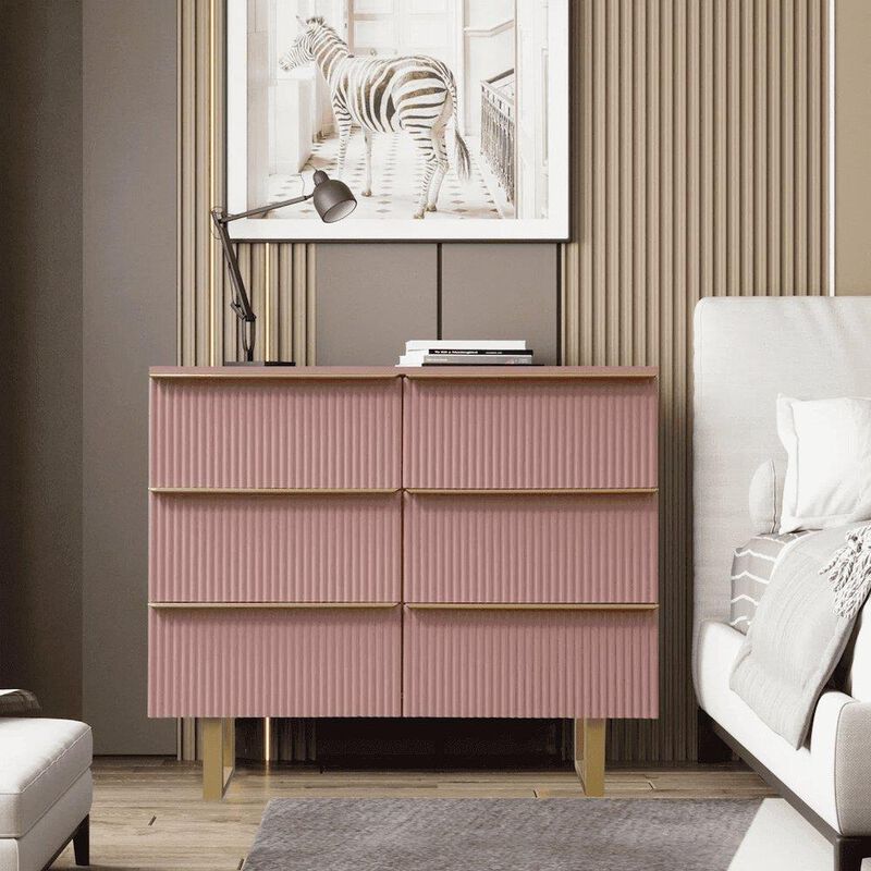 6-drawer Dresser In Mdf Wood With Gold Metal Legs And Handles in Pink Color
