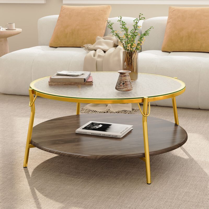 GOODSILO Modern Round Two-Tiered Coffee Table with Glass Top and Gold Metal Base for Contemporary Living Room D&eacute;cor image number 4