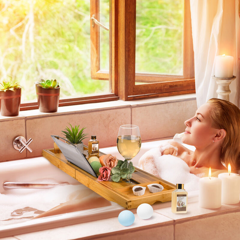 Lovery Premium Bamboo Bathtub Caddy Gift Set - Expandable Tray image number 6