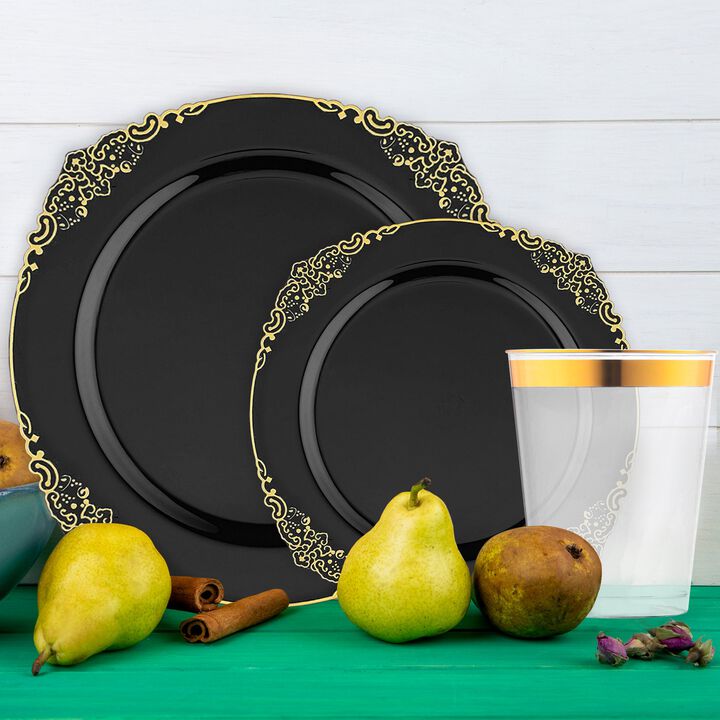 Black with Gold Fancy Round Plastic Tableware Set (60 Sets)