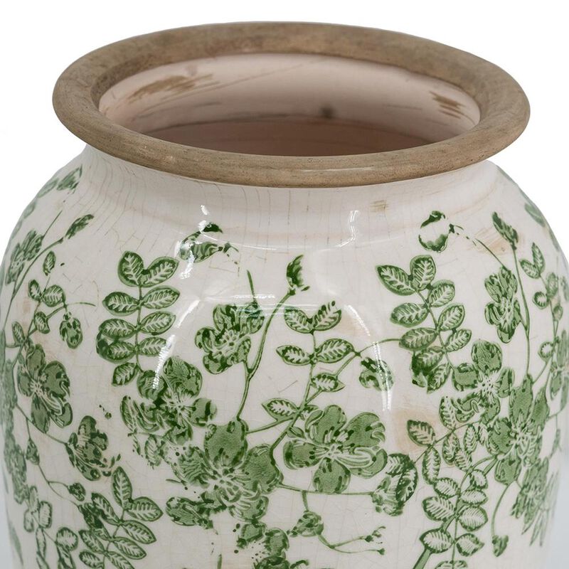 HomeRoots 12" Green And White Leaf Ceramic Round Table Vase image number 4