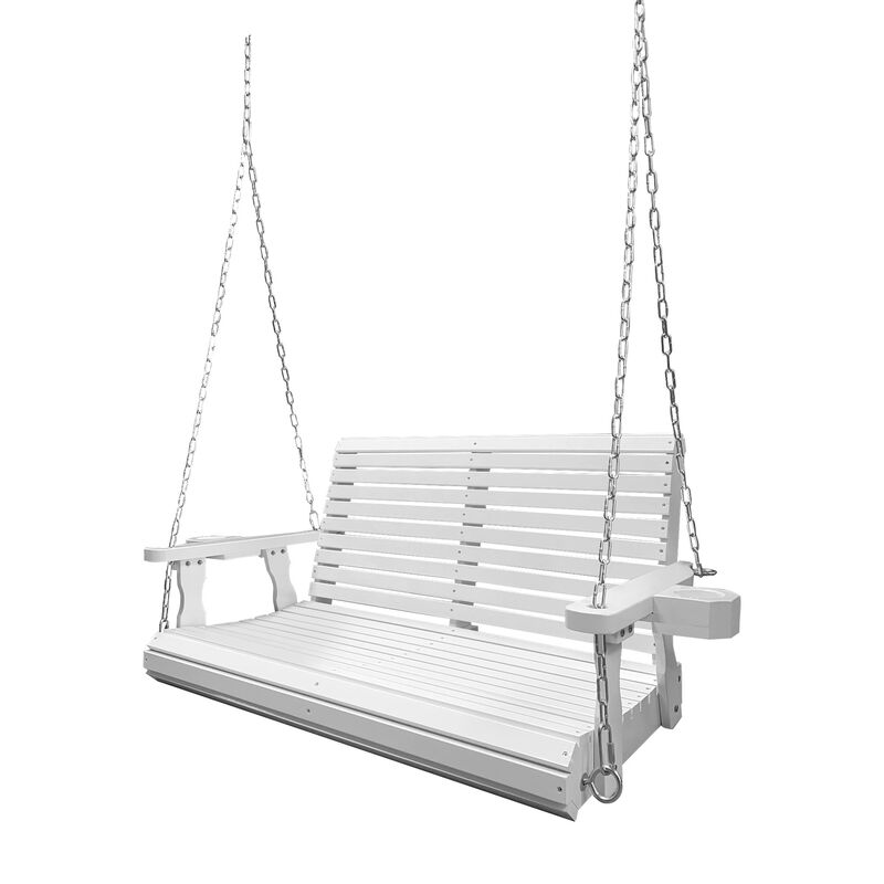 Wooden Porch Swing 2-Seater, Bench Swing with Cupholders, Hanging Chains and 7mm Springs, Heavy Duty 800 LBS, for Outdoor Patio Garden Yard (White)