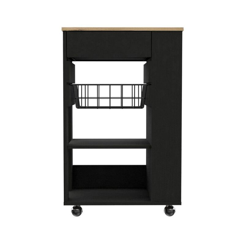 DEPOT E-SHOP Rosemont Kitchen Cart, Two Open Shelves, Rack, Four Caster Wheels, One Drawer-Black-Light Oak, For Kitchen