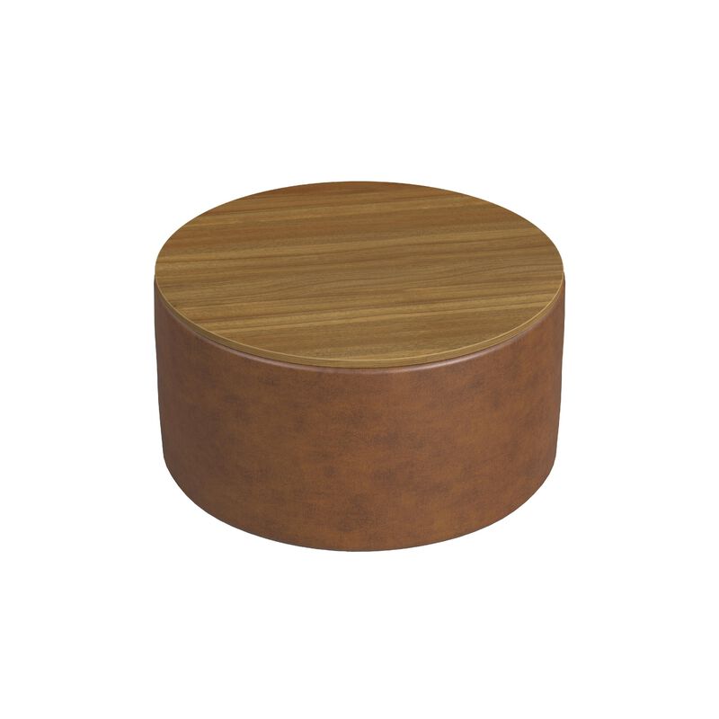 Mesy Storage Ottoman, 30 Inch Round Lift Tray Top, Brown Faux Leather - Benzara