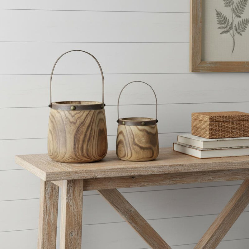 HomeRoots Set of Two Natural Wood And Steel Bucket Pot Planters image number 1