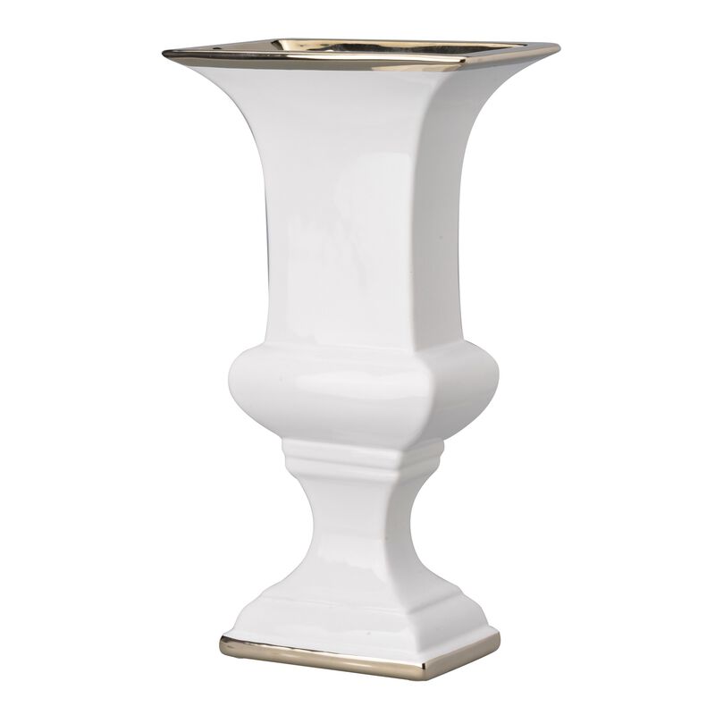 14 Inch Decorative Ceramic Vase, Artistic Turned Urn, White and Gold Rim - Benzara
