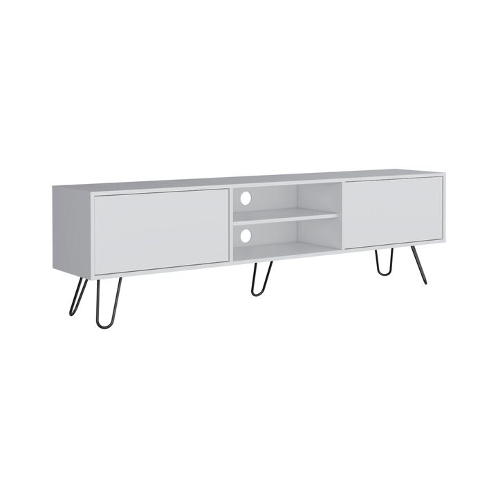 Vassel TV Rack, Entertainment Unit with Hinged Drawers and Hairpin Legs- White