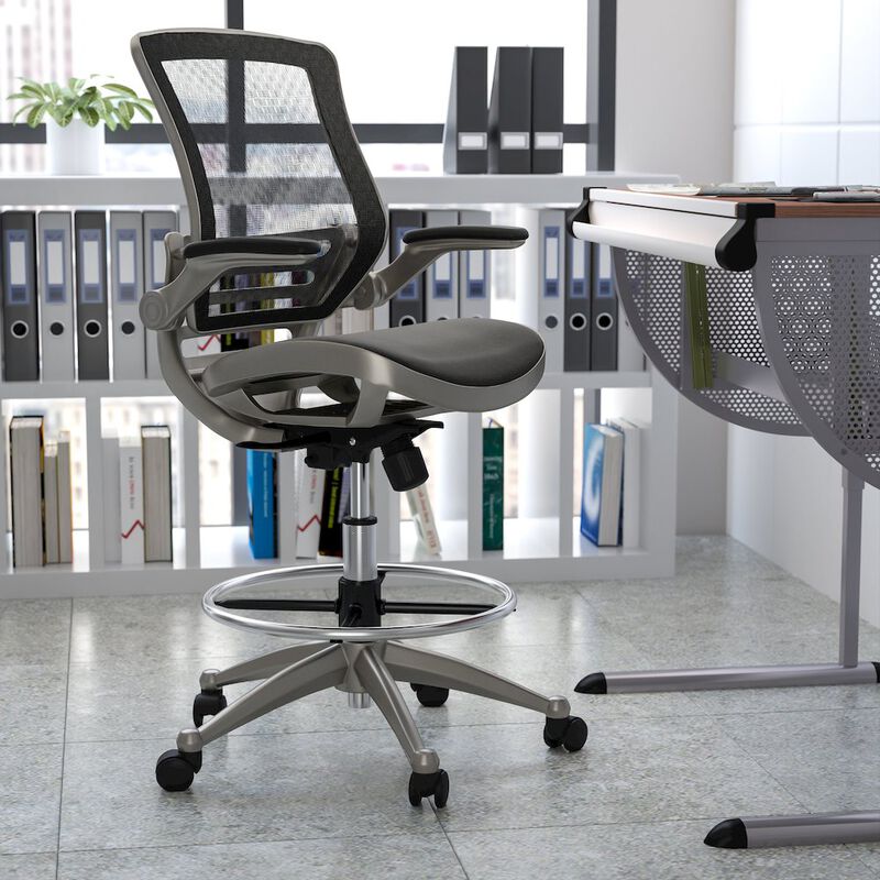 Flash Furniture Mid-Back Black Mesh Drafting Chair with Graphite Silver Frame and Flip-Up Arms image number 7