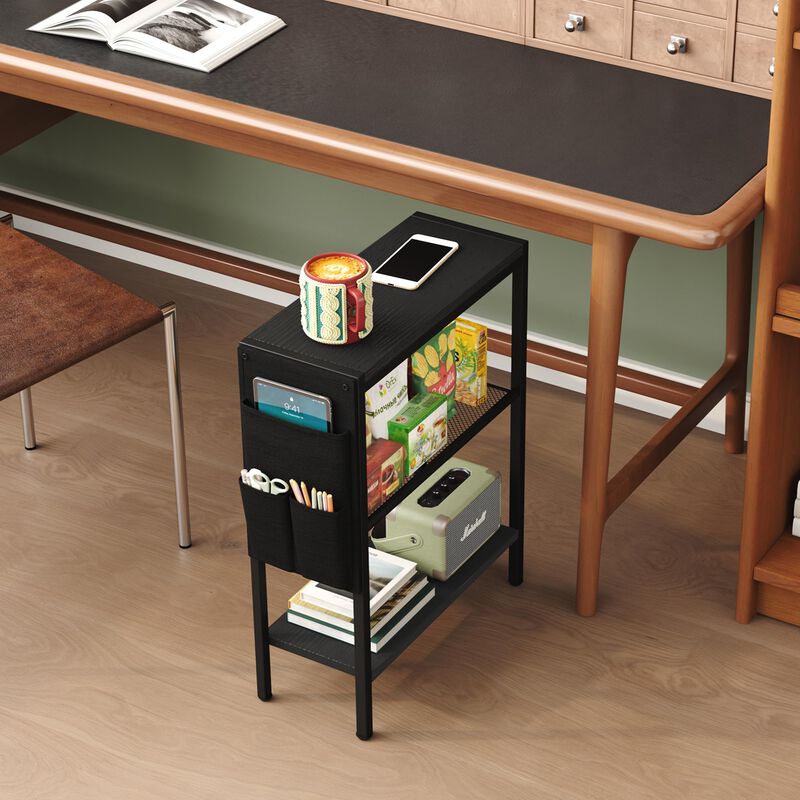 Yusong Small Narrow Side Table for Small Spaces, Slim End Table with Storage Bag, Sofa Snack Table with Adjustable Metal Mesh, 3