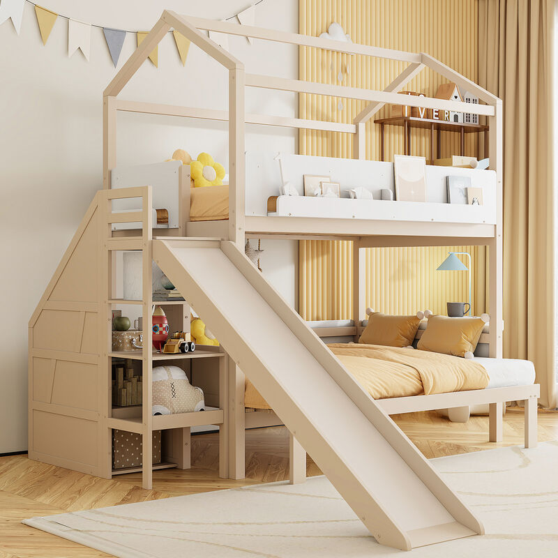 Merax Twin Over Twin/Full House Bunk Bed with Slide & Storage Guardrails image number 2