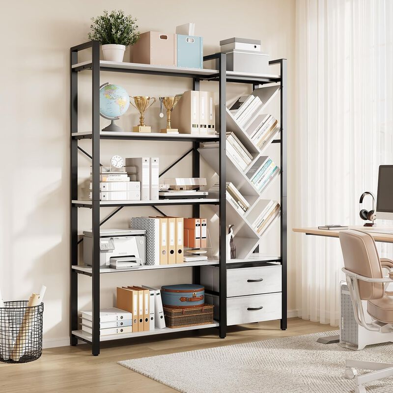 Bookshelf, 5 Tier Bookshelves with Tree Display Shelves, 65&rdquo; Tall Floor Standing Bookcase with 2 Drawers and 6 Adjustable Feet for Home, Office image number 4