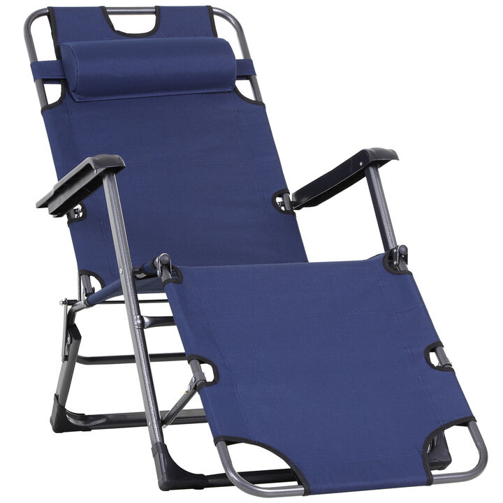 Outsunny Folding Chaise Lounge Chair for Outside, 2-in-1 Tanning Chair with Pillow & Pocket, Adjustable Pool Chair for Beach, Patio, Lawn, Deck, Navy