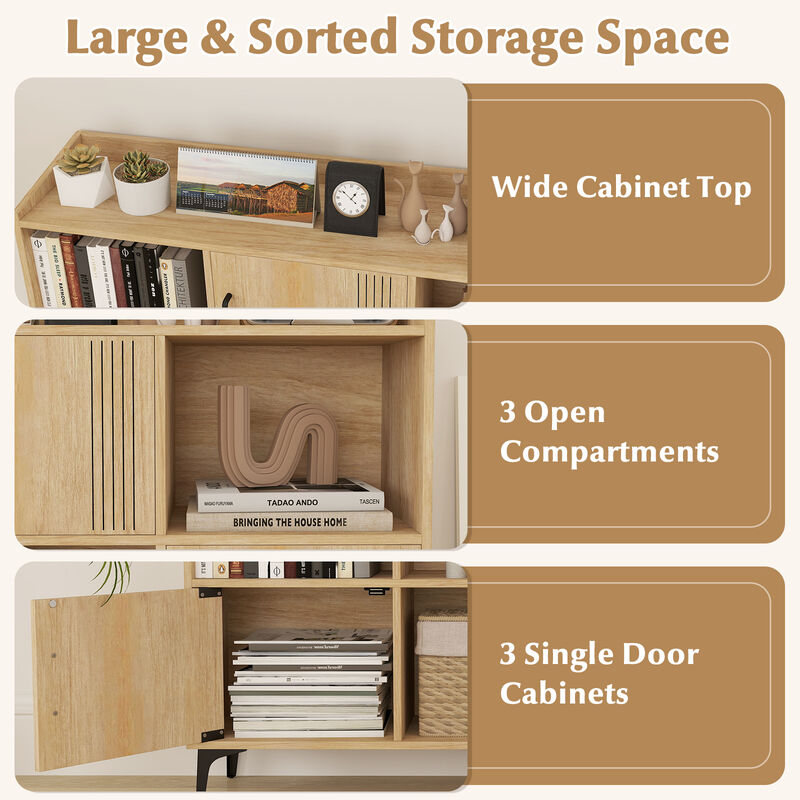 Sideboard Storage Cabinet Bookcase with 3 Doors and Open Compartments