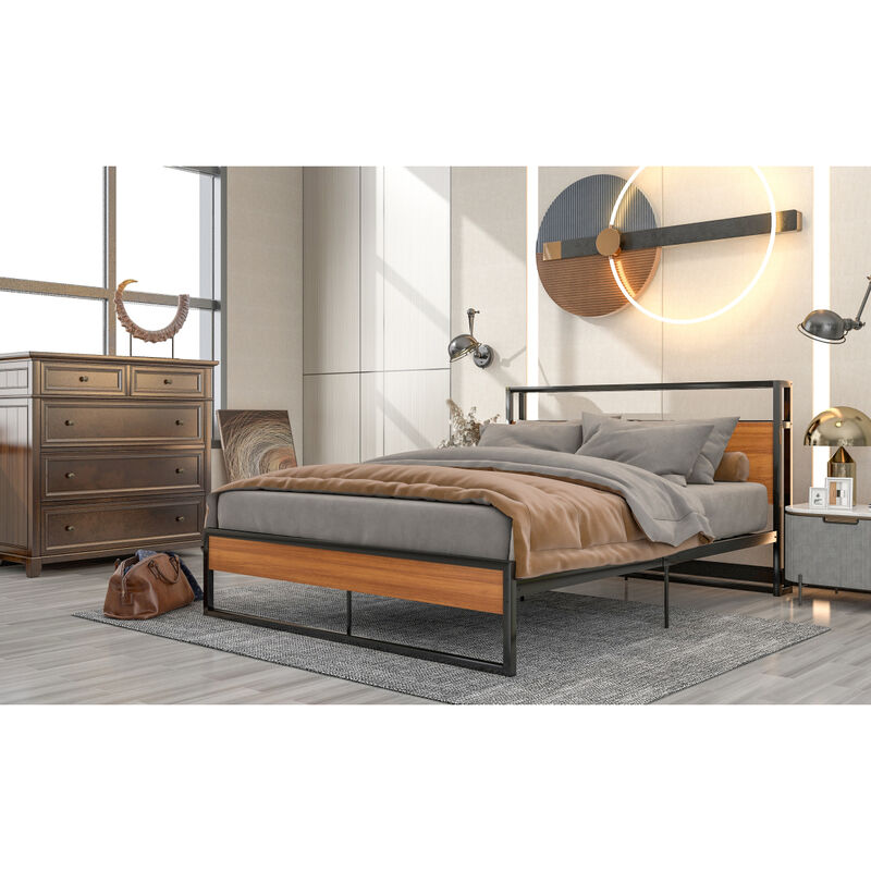 Queen Size Metal Platform Bed Frame with Sockets, USB Ports and Slat Support, No Box Spring Needed