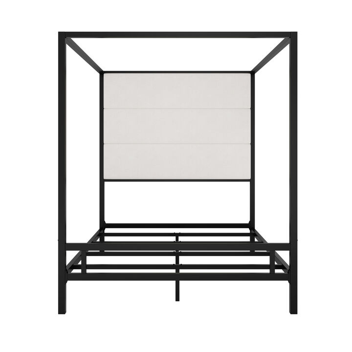 Merax Modern Gold Canopy Bed with Tall Linen Fabric Upholstered Headboard Metal 4-Poster Bed Frame