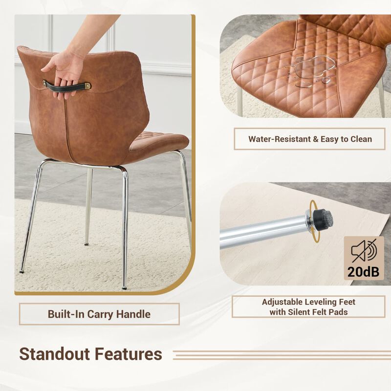 Set of 2 Leather Dining Chairs Square High Back Dining Chairs with Diamond Tufting Retro Dining Chairs with Metal Legs and Back Handle image number 6