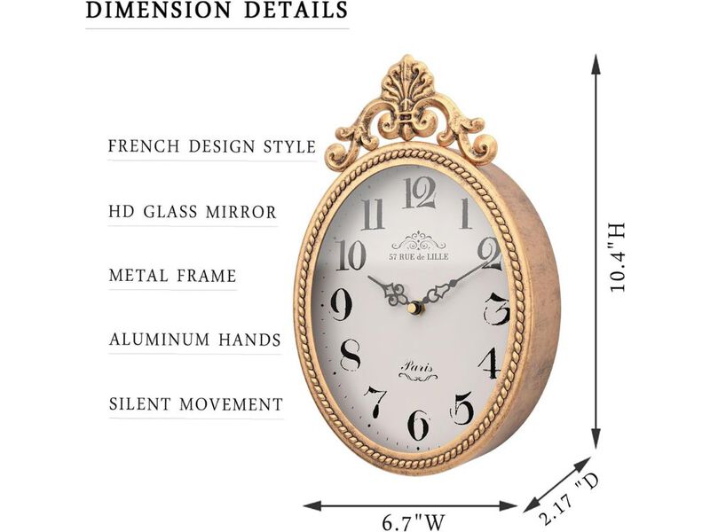 Small French Retro Wall Clock Antique Gold Vintage Oval Boho Deco image number 2
