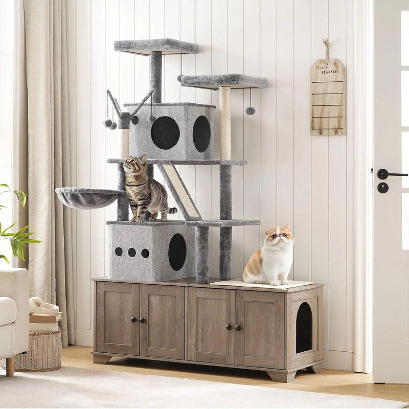 Double Cat Litter Box Hideaway with Integrated Cat Tree, Bed, and Hammock- Greige image number 1