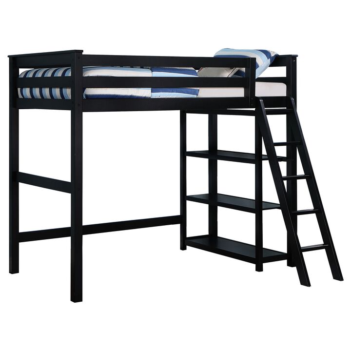 Ica Modern Twin Loft Bed with 3 Shelves and Ladder, Black Solid Wood - Benzara
