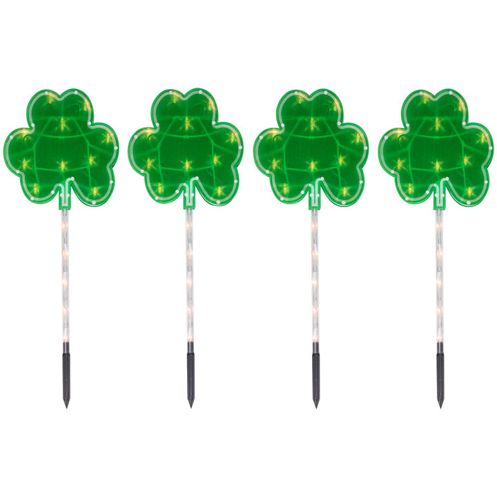 4ct Green St Patrick's Day Shamrock Pathway Marker Lawn Stakes  Clear Lights