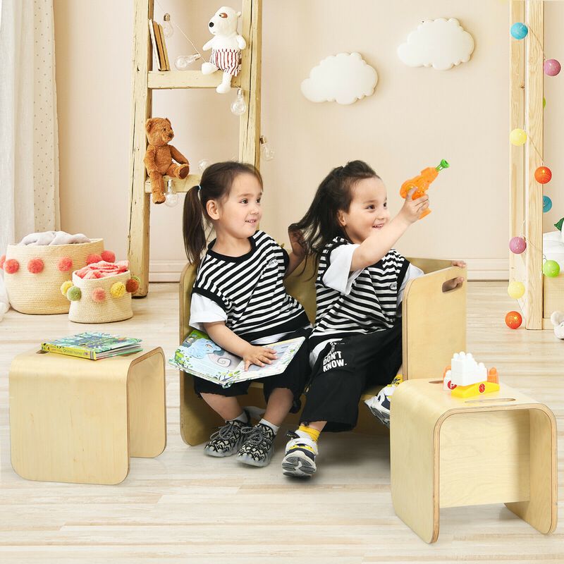 3 Pieces Kids Wooden Table and Chair Set - Natural
