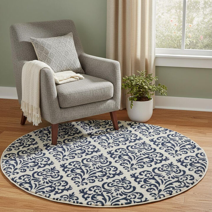 HomeRoots Round Damask Power Loom Area Rug